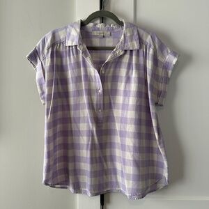 LOFT Purple and White Cap Sleeve Button Down Shirt